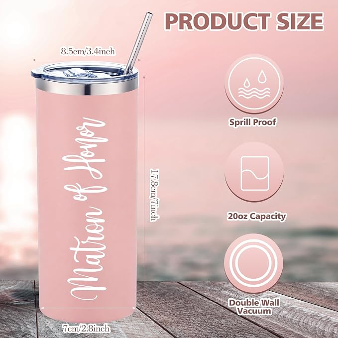 Sabary Bride Gifts Bridesmaid Tumblers Set of 8, 20 oz Insulated Bride Stainless Steel Wine Tumbler Bulk Maid of Honor Mugs with Lid and Straw for Wedding Engagement Party Gifts (Pink, White)