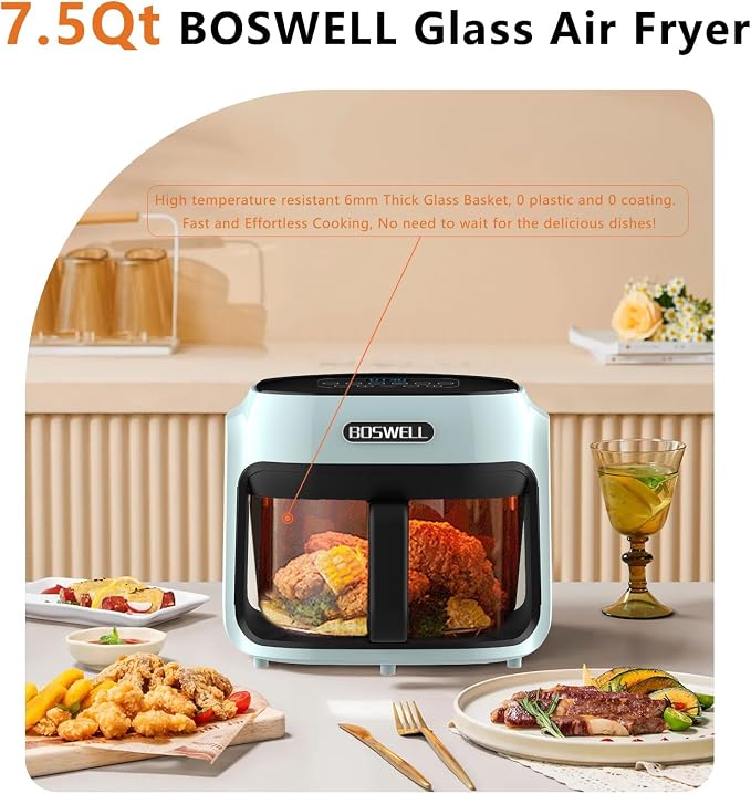 7.5 QT Glass Air Fryer, Transparent Fry Bowl, Circulating Heating & Temperature Control, Stainless Steel Interior, Dishwasher Safe, Green