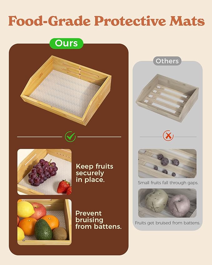 Sevenblue 3 Tier Wooden Fruit Basket with 2 Mobile Banana Holders, 3 Pack L-Shaped Pull Out Under Sink Organizers