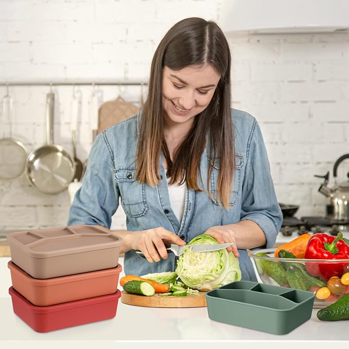 Honeydak 4 Pcs Silicone Bento Box Reusable Lunch Container 4 Compartment Snack Boxes with Lid Smooth LeakProof Rectangle Food Boxes for Adult Work Travel Food Storage (Simple Color)