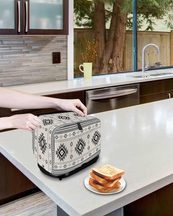 Gray Beige Boho Toaster Cover 2 Slice, Ethnic Tribe Vintage Dustproof Bakeware Oven Protector with Top Hook, Southwestern Waterproof Small Kitchen Appliance Toasters Dust Cover, 11"x6"x8"