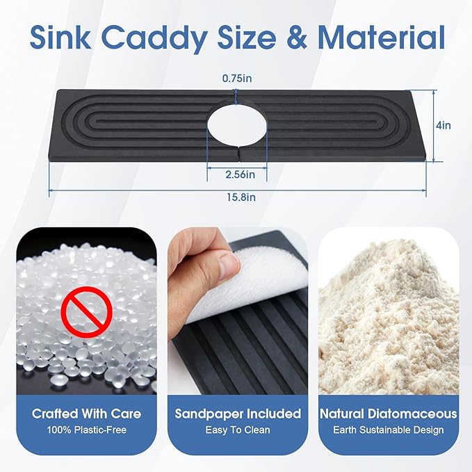 Fast Drying Stone Faucet Mat for Kitchen Sink with Raised Feet, Quick Drying Splash Guard, Faucet Splash Guard, Durable Protector for Kitchen, Bathroom Counter, Dark Gray, 15.8" x 4"