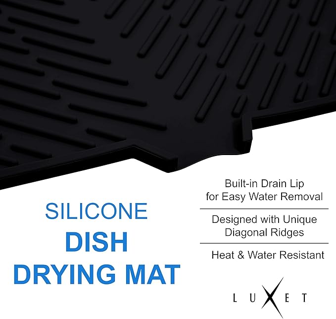 Luxet Silicone Dish Drying Mat with Built-in Drain Lip - Hygienic Drying Pad - Sturdy Compact Easy to Clean Tray Protects Surfaces Prevents Water Build Up -16.5 x 13 Inches (black)