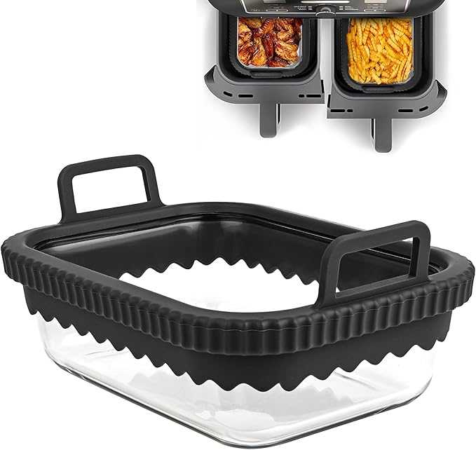 Air Fryer Glass Liner Reusable, Air Fryer Liners Silicone with Removable Silicone Ring for Ninja Dual Basket, Cosori, Philips, BPA-Free, Heat Resistant, Dishwasher Safe