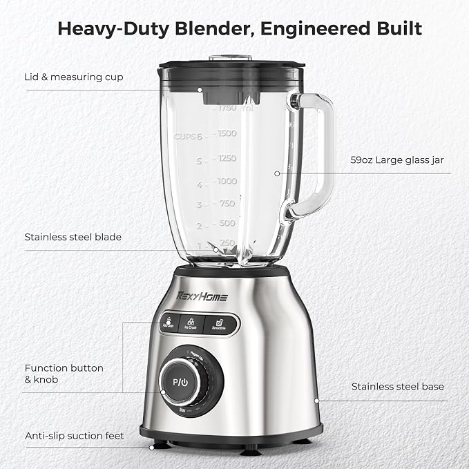 8-Speed Blender with 59oz Glass Jar, 1000W Peak Smoothie Maker | 3 Preset Programs, Pulse & Self-Cleaning, Professional Countertop Blenders for Smoothies, Shakes, Frozen Drinks, Salsas, Dips