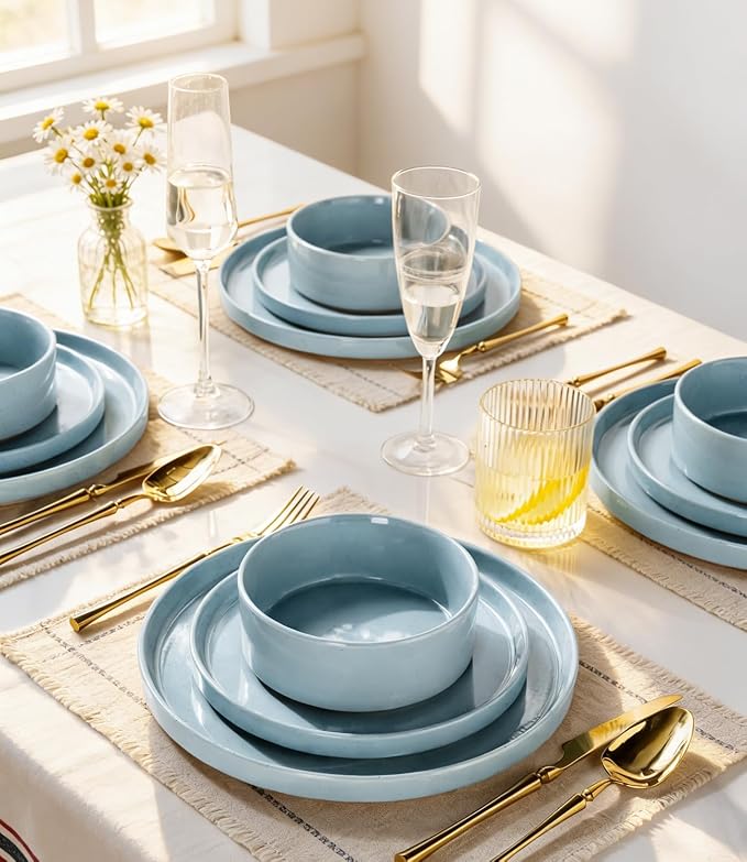 AmorArc Ceramic Dinnerware Set for 4 | Speckled Stoneware Plates and Bowls with unglazed terracotta | Scratch Resistant, Dishwasher & Microwave Safe Dishes Sets- 12-Pcs Blue