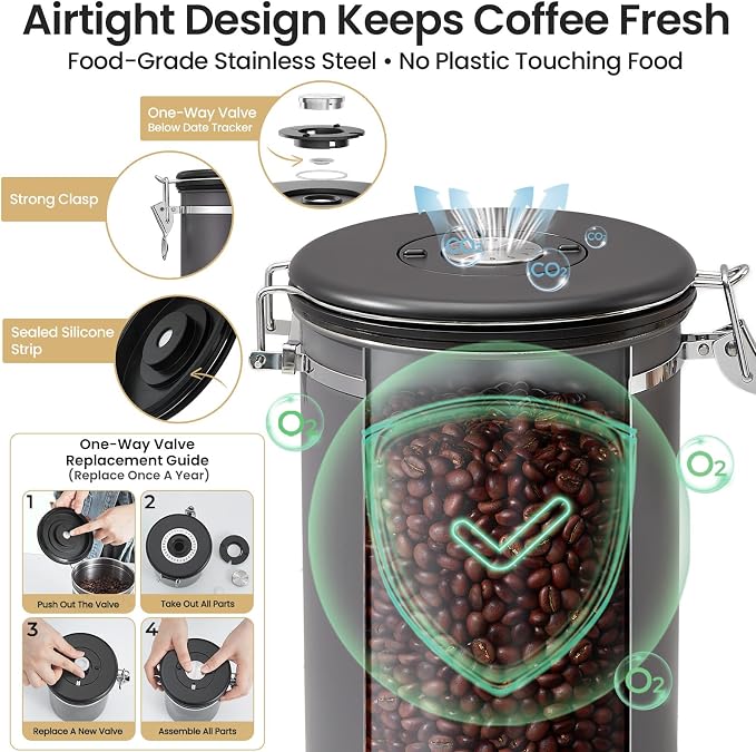 Veken Coffee Canister, 39OZ Large,Airtight Stainless Steel Food Storage Container for 2.2lbs Beans,Ground,Sugar,Espresso,Rice,Tea,Flour,Cereal,Cookie,Lids,Jars,Gifts,Scoop,Kitchen Bar Accessories,Gray