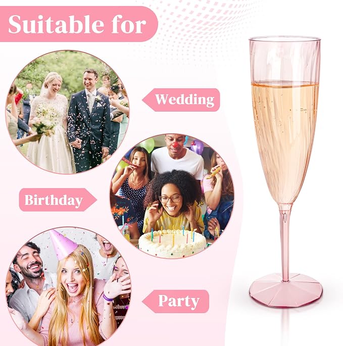 WDF 36PCS Pink Champagne Flutes Plastic - 6OZ Pink Disposable Champagne Flutes Party Supplies for Birthday Parties Baby Shower Wedding Spring