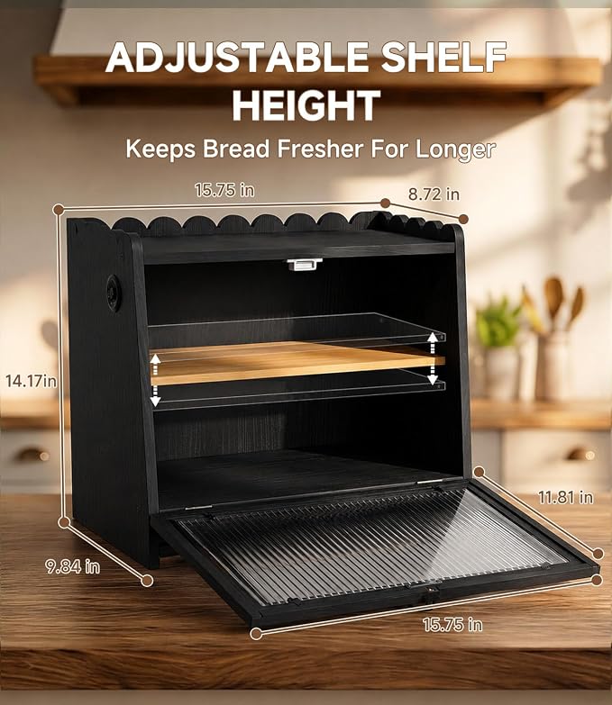 Bread Box for Kitchen Countertop Wooden Double Layer Bread Storage Container Bin Breadbox Holder Large Capacity Keeper Vintage Farmhouse Food Organizer (Black, Large)