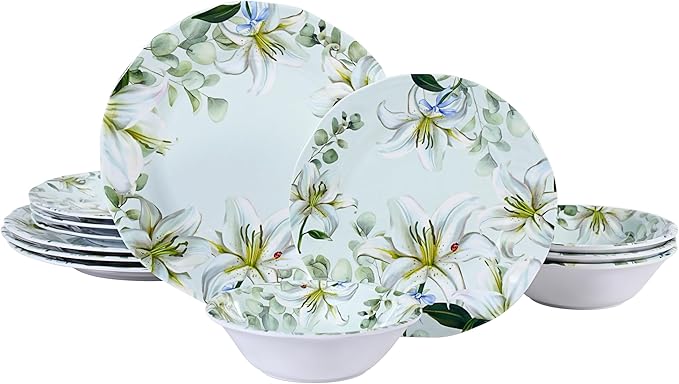 12-Piece Melamine Dinnerware Set, Green & White | Shatterproof Plates and Bowls, Elegant Lily Pattern, Everyday Dining, Outdoor Picnics and RV Camping