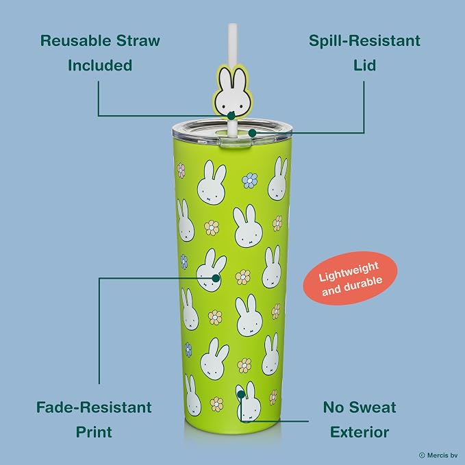 Dragon Glassware | Miffy Stainless Steel Tumbler with Straw, 24 oz - Green | Vacuum Insulated Stainless Steel Tumbler with Straw & Lid; Double Walled Tumbler with Straw Charm; Miffy Cup with Lid
