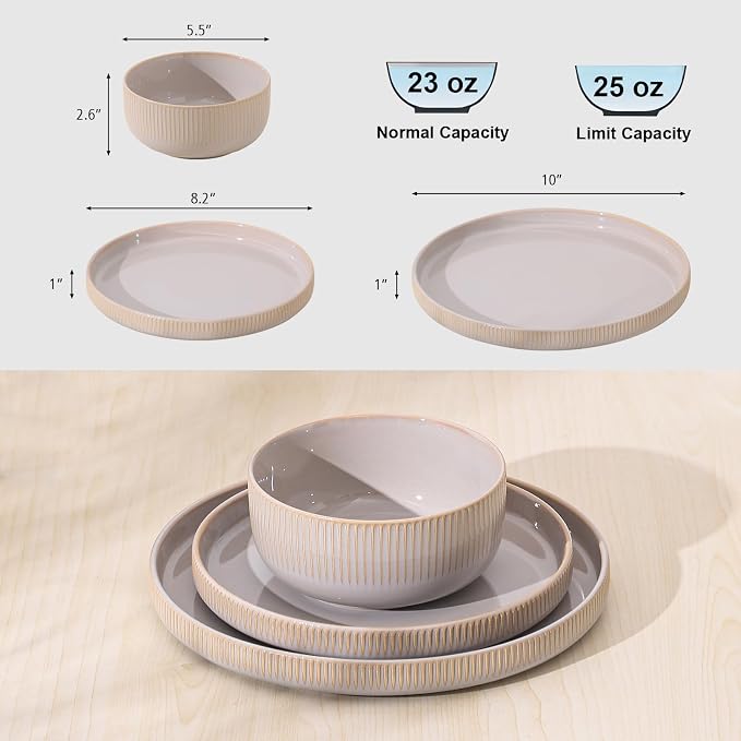 Frewinky Ceramic Dinnerware Sets for 4, Round Reactive Glaze Porcelain Plates and Bowls Sets, Scratch Resistant Modern Dishes Set, Dishwasher & Microwave Safe, Service for 4-Gray