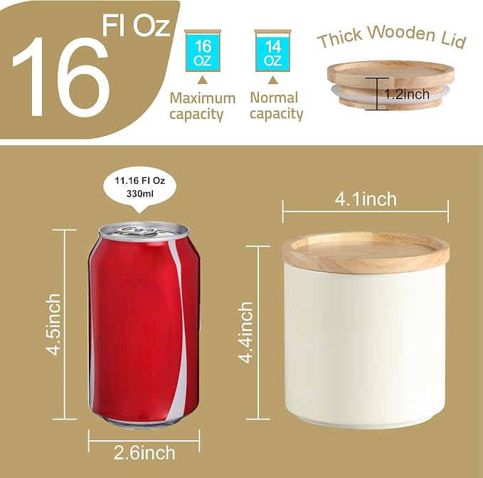 Sweejar Kitchen Canisters Ceramic Food Storage Jar, Stackable Containers with Airtight Seal Wooden Lid for Serving Ground Coffee, Tea, Sugar, Salt and More - 16 Fl Oz (Beige)