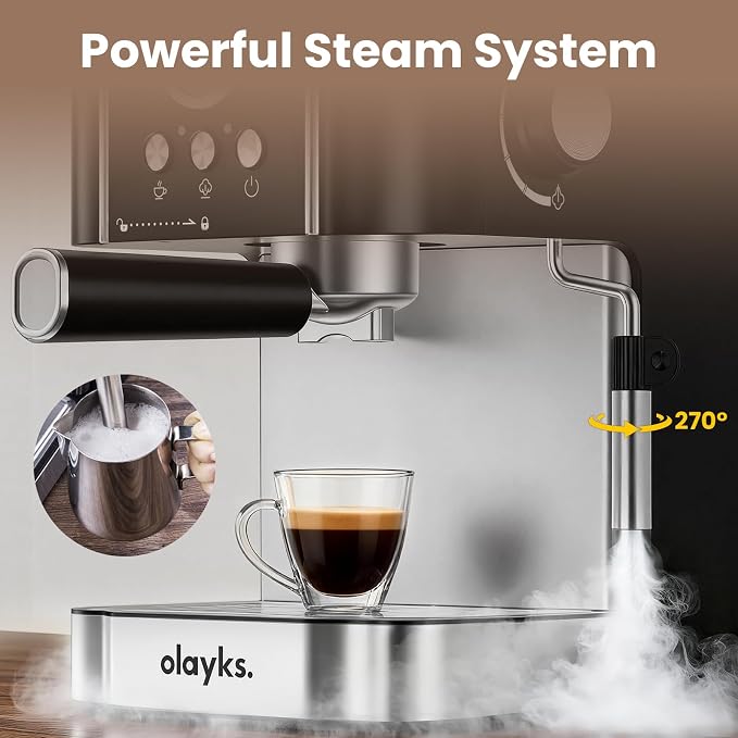 Espresso Machine 20 Bar, Compact Espresso Maker with Milk Fother Steam Wand, Stainless Steel Coffee Machine with 60oz Removable Water Tank for Cappuccina, Latte, Home and Office