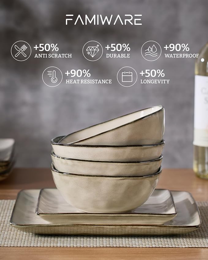 Famiware Stoneware Dinnerware Sets for 8, Ocean Square 24-Piece Kitchen Plates and Bowls Sets, Microwave and Dishwasher Safe, Scratch Resistant, Light khaki