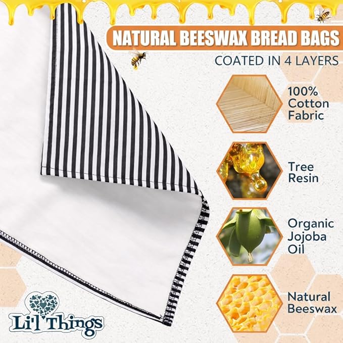 Sourdough Bread Bag – Reusable Beeswax Bread Storage Bags 2.0 (2 Sizes) for Homemade & Artisan Loaves, Cotton-Lined Bread Keeper, Plastic-Free Kitchen Storage – Stripey Black