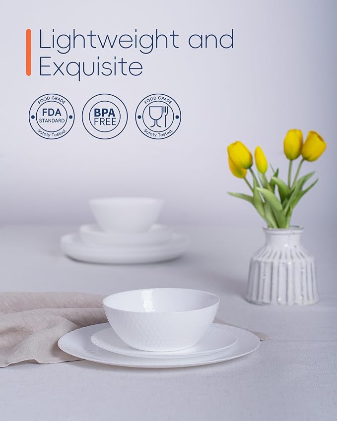 LaGlint Dinnerware Sets for 4, Light & Durable 12 Pieces Opal Glass Plates and Bowls Set, Dishwasher and Microwave Safe Dish Dinning Ware, Thin but Strong Geometric Faceted White