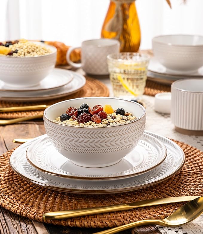 GBHOME Dinnerware Sets for 4, Farmhouse Style Stoneware Plates and Bowls Sets, 12 Pieces Embossed Scratch Resistant Dishes, Dishwasher & Microwave Safe, White