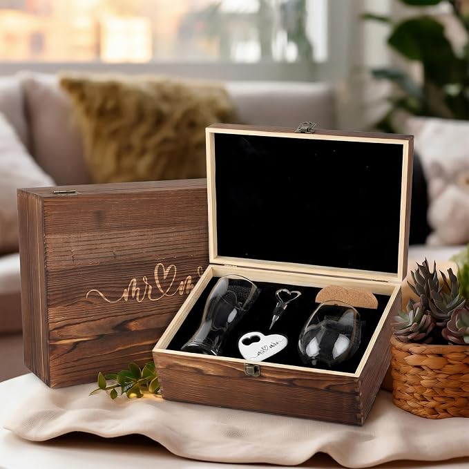 Remerry 7 Pcs Wedding Gifts for Couples 2026 Mr and Mrs Wine Glasses Set with Wooden Keepsake Box Heart Wine Stopper Opener Coasters for Wedding Bridal Shower Engagement Anniversary Bachelorette