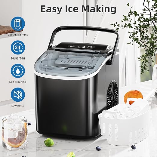 Antarctic Star Ice Maker Countertop, Portable Ice Machine with Carry Handle, 26Lbs Per Day, 9 Cubes Ready in 6 Mins, Self-Cleaning Ice Makers with Ice Scoop and Basket for Kitchen/Office/Party (Black)