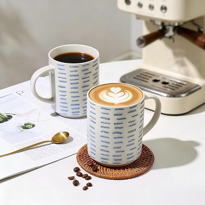 Coffee Mugs Set of 6, 17oz Ceramic Mugs with Handpainted Blue Gray Stripe Pattern, Modern Stackable Coffee Cups, Dishwasher and Microwave Safe Mugs for Home & Office (Horizontal Stripes)
