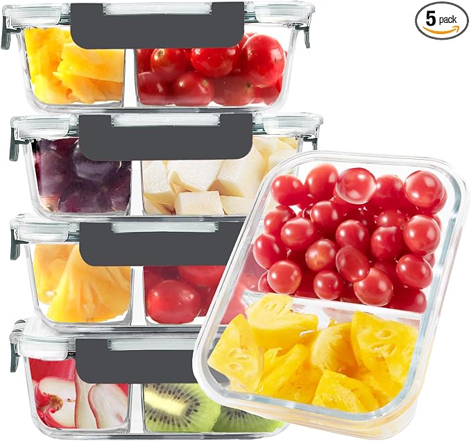BAYZZ 5 Pack 35 Oz Glass Meal Prep Containers 2 Compartments, Glass Storage Containers with Lids, Airtight Lunch Bento Boxes, BPA-Free, Microwave and Freezer Safe
