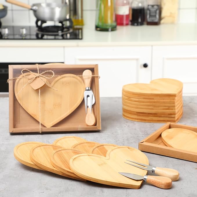 Nuogo 15 Set Bridal Shower Favors Heart Shaped Cheese Board Knife Fork Set Bamboo Heart Charcuterie Cutting Board with Thank You Tag and Boxes for Guests Gifts Wedding Baby Shower Valentine's Day