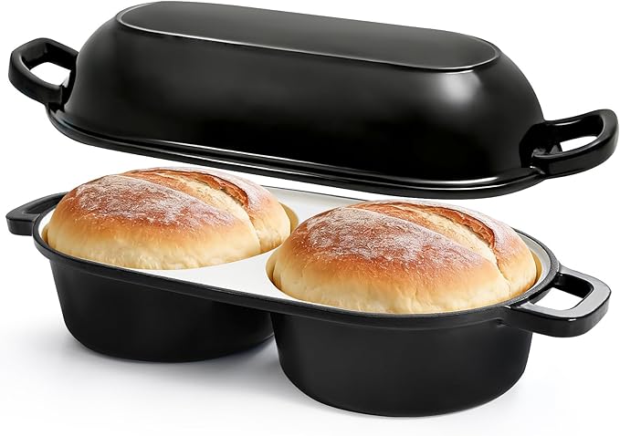 Mini Double Dutch Oven for Sourdough Bread Baking, 2.2QT (Black) | Enamelled Cast Iron Bread Pan with Lid, Double Round Loaf Space, 16.5cm Diameter, Mini Double Dutch Oven for Homemade Baking