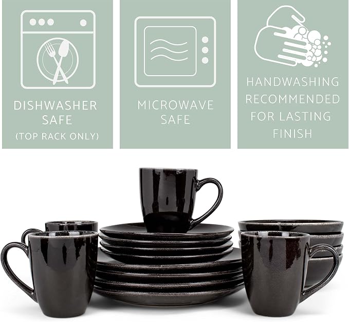Elanze Designs Reactive Glaze Stone Ceramic Plates Bowls Mugs Classic Dinnerware 16 Piece Set - Service for 4, Black