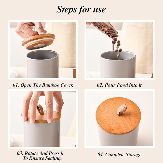 Gray Ceramic Canister Set of 2 with Bamboo Lids, Wooden Stand & Spoons – 35oz & 28oz Airtight Food Storage Jars for Coffee, Sugar, Tea, Kitchen Counter Organizer