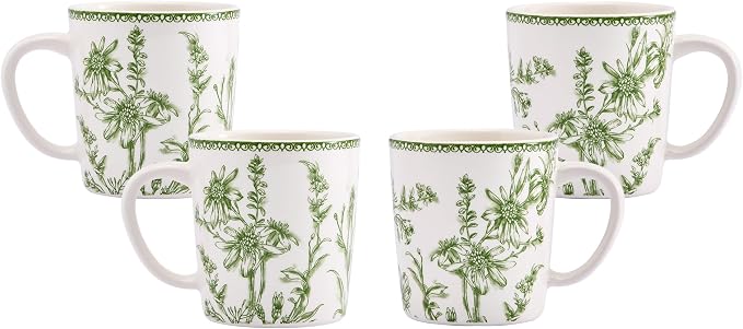 Bico Green Garden Toile De Jouy Ceramic Coffee Mugs Set of 4, 18 oz Large Tea Cups with Handle, Aesthetic Latte Mugs for Cappuccino Cocoa, Lead-Free, Dishwasher and Microwave Safe, Housewarming Gift