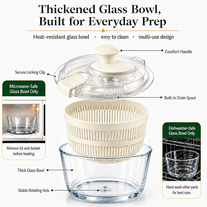 Good Girps 3.2 Qt Glass Salad Spinner Small Vegetable Dryer with Drain Microwave Safe Dishwasher Safe with Transparent Lid Crank Handle Quick Spin Greens Washer for Lettuce Herbs Fruits White