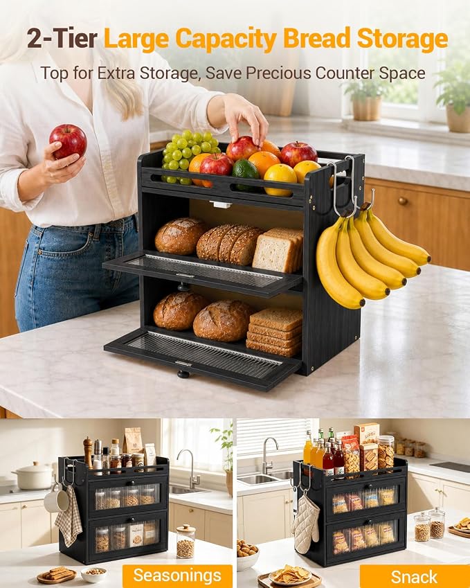 Bread Box for Kitchen Countertop, 2-Tier Bamboo Bread Storage Container with Acrylic Window, Raised-Rail Top Shelf and 2 Banana Hooks, Farmhouse Counter Organizer for Pantry, Black