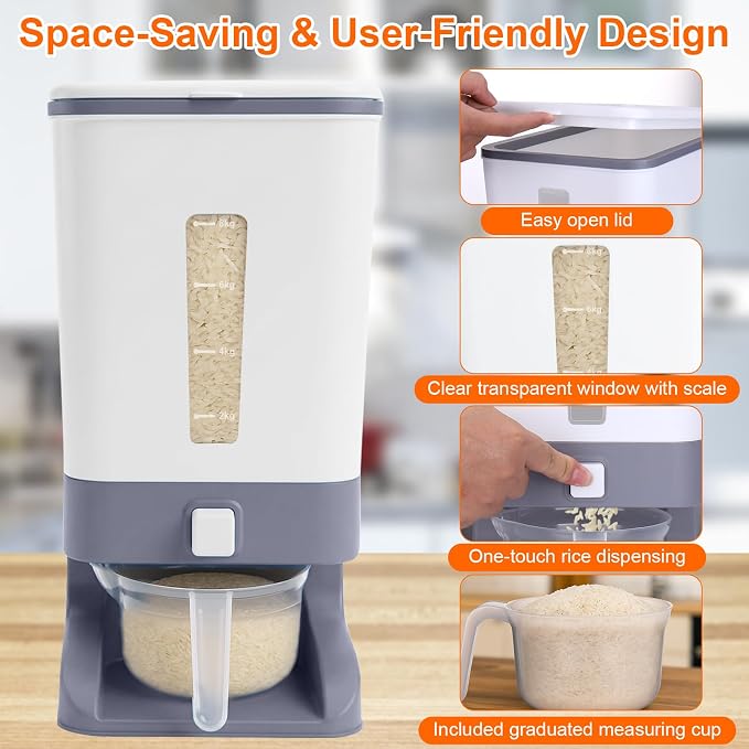 Mity rain Rice Dispenser 20 Lbs with Moisture Absorbing Clay, Rice Storage Container with Measuring Cup, 12 L Cereal Containers Storage Airtight for Kitchen Pantry Organization Gray