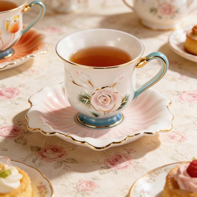KAMMAK Tea Cups and Saucers Set of 2, Porcelain Coffee Cups, Stackable Espresso Mugs, Ceramic Demitasse for Coffee, Latte, Americano, Tea, Relief - Pink + Orange