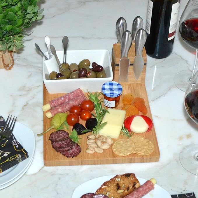 Picnic at Ascot Personalized Engraved Bamboo Cheese Board with Knife Set, Ceramic Bowl, Cocktail Sticks & Cheese Markers- Designed & Quality Checked USA