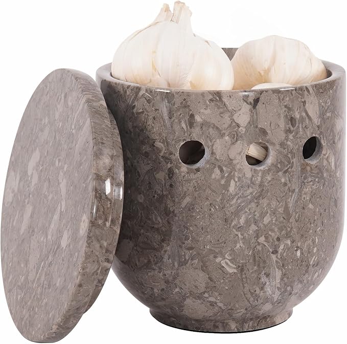 Marble Garlic Keeper for Counter 4.5 Inch Handmade Garlic Holder for Fresh Garlic Cloves, Storage Container for Gifts, Garlic Saver for Kitchen Countertop Decor