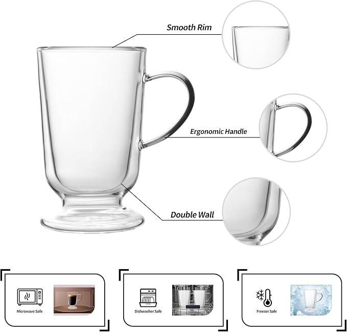 NIRA.Z 12.5 OZ Double Walled Glass Coffee Mugs with Handle Set of 4 Clear Insulated Irish Coffee Cups Hand Blown Glass Cups for Hot Cold Beverages, Cappuccino, Latte, Tea, Espresso, Juice, Americano