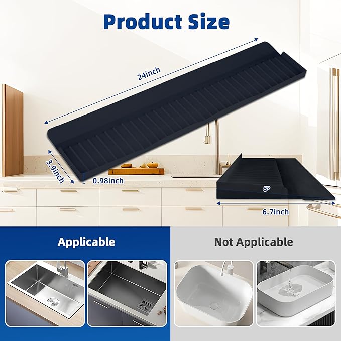 Sink Edge Protectors for Kitchen Single and Double Sink,Kitchen Sinks Splash Guard Can be Cut and Diy,Silicone Edge Protector Sinks With 5° Tilt (BLACK, 24IN)