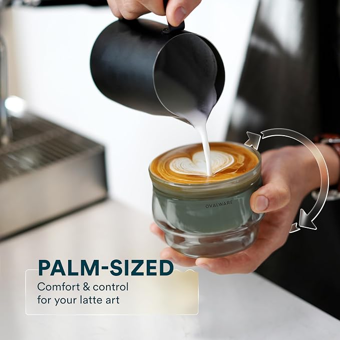 ovalware 8.5oz Double Wall Latte Cups, Latte Set of 2 Sized Cups with Wide Rim for Artistic Designs - Stealth Gray and Espresso Pouring Glass Set of 2 | Double-Wall 2.7oz/80ml Shot Measuring Cup