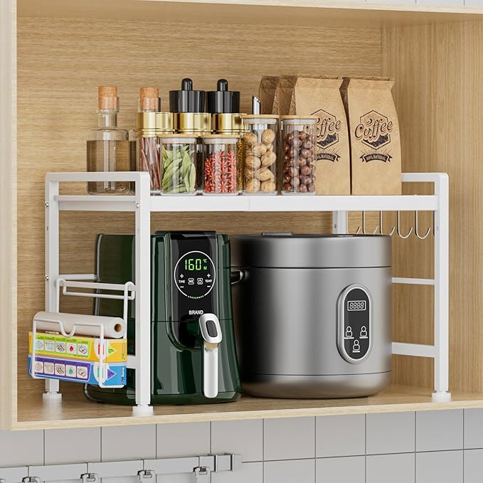 YIUKEA Extendable Microwave Oven Rack - Adjustable Kitchen counter shelf, 2 Tier Microwave Stand (L15.7~23.6" xW12.8 xH17.7) with 6 Hooks for Kitchen Countertop Organizer (White)