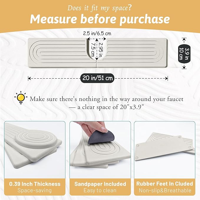 20'' Wider New Upgrade Faucet Mat for Kitchen Sink with U-Shape Hole, Super Fast Drying Diatomite Stone Mat, Sink Splash Guard Draining Mat Around Faucet for Island Countertops, Ash Grey
