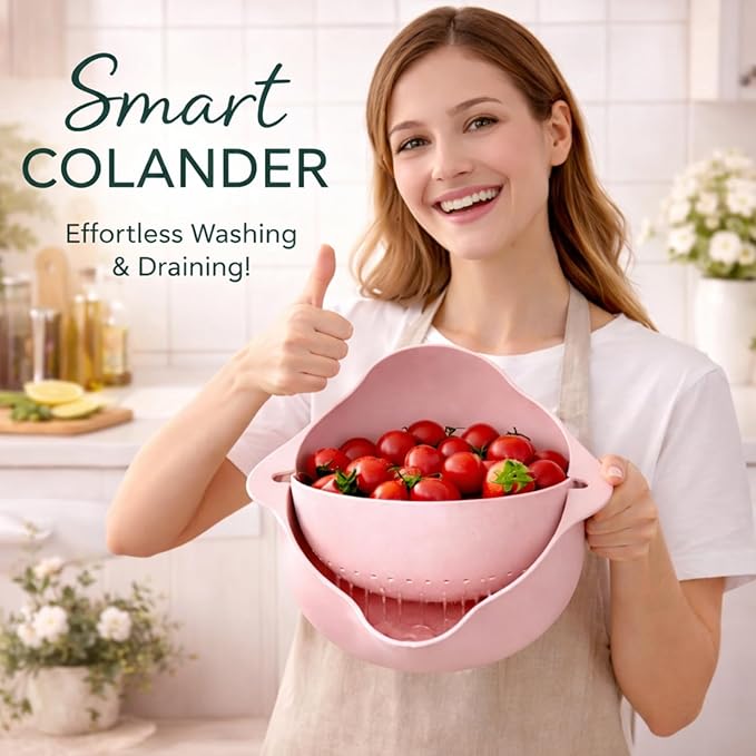 Modern Creative Double Layer Vegetable & Fruit Washing Basket – Durable Plastic Strainer in Pink–Multipurpose Kitchen Colander for Washing, Draining & Serving – Space-Saving Lightweight