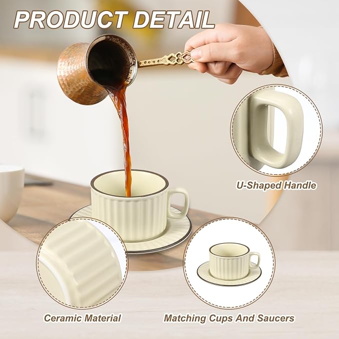 uxcell Handmade Vintage Espresso Cups, 8 oz Coffee Cups and Saucers Ceramic Tea Cup with Handle Dishwasher and Microwave Safe for Latte Cappuccino Milk Office Home Gifts, Cream