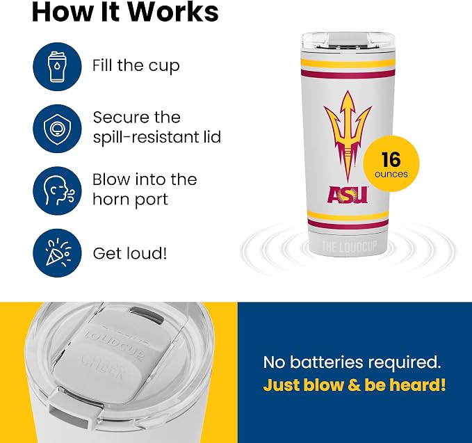 The LoudCup Blow Horn Tumbler, Cheer & Sip 2-in-1 Reusable Water Bottle with Built-In Horn for Sports Games, Tailgates, Parties & Events, BPA-Free, 16 oz, Arizona State University