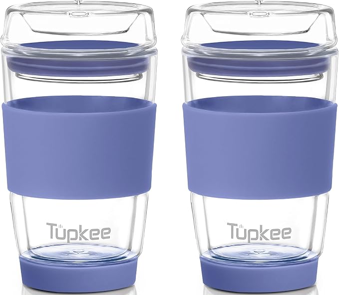 Double Wall All Glass Tumbler - 8-Ounce, Reusable Insulated Tea/Coffee Mug & Lid, Hand Blown Glass Travel Mug - Jacaranda - 2 Pack