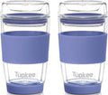 Double Wall All Glass Tumbler - 8-Ounce, Reusable Insulated Tea/Coffee Mug & Lid, Hand Blown Glass Travel Mug - Jacaranda - 2 Pack