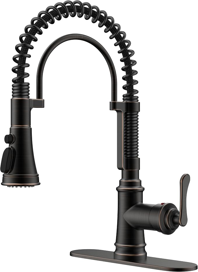 FORIOUS Kitchen Faucet with Pull Down Sprayer, Oil Rubbed Bronze, Stainless Steel Single Handle Spring Antique Kitchen Sink Faucet with Deck Plate, Sutiable for Farmhouse, RV, Camper, Wet Bar