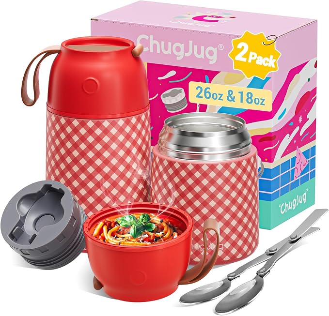 2 Pack Insulated Food Jar Set, 26oz & 18oz Stainless Steel Vacuum Insulated Soup Containers for Hot Food, Leak-Proof Thermal Food Jars with Spoons, Cute Stylish Design for School, Work & Travel (Red)