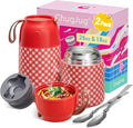 2 Pack Insulated Food Jar Set, 26oz & 18oz Stainless Steel Vacuum Insulated Soup Containers for Hot Food, Leak-Proof Thermal Food Jars with Spoons, Cute Stylish Design for School, Work & Travel (Red)